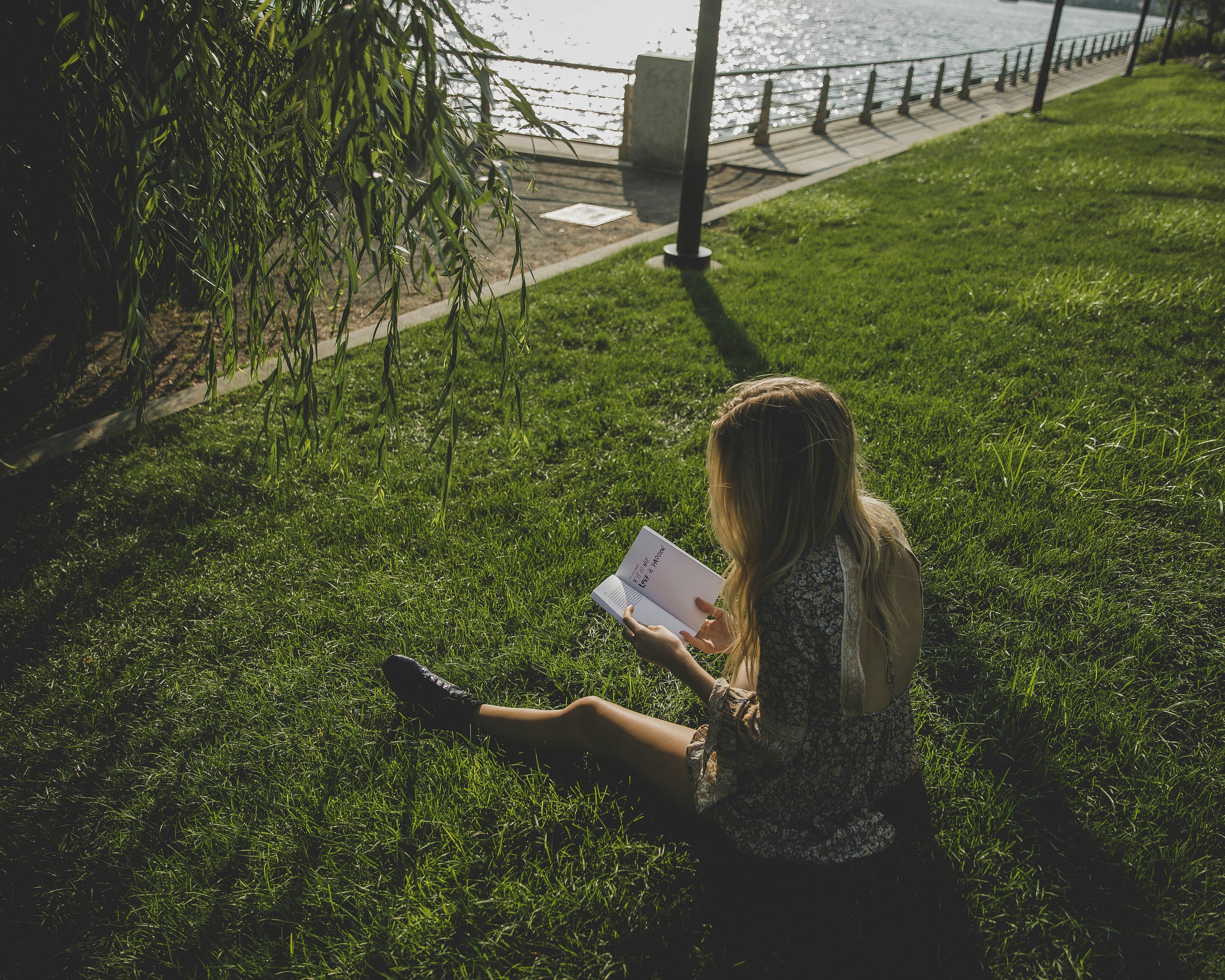 woman reading book sitting on field